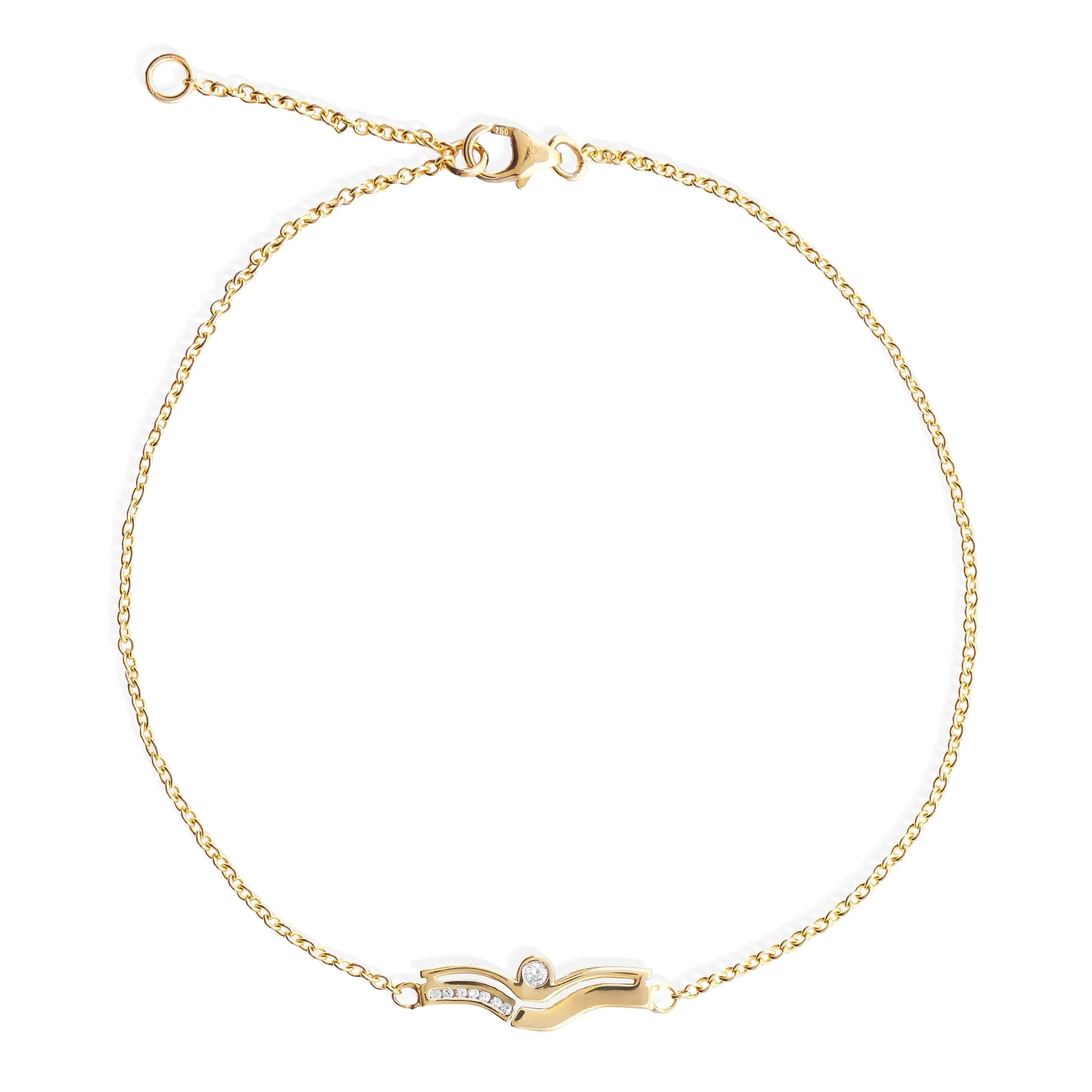 Bracelet enfant motif navette avec diamant rond sur chaîne, fermoire  mousqueton, or 18 carats